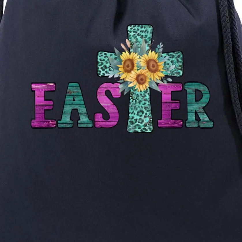 Sunflower Easter Cross For Christian Mom Turquoise Leopard Gift Drawstring Bag