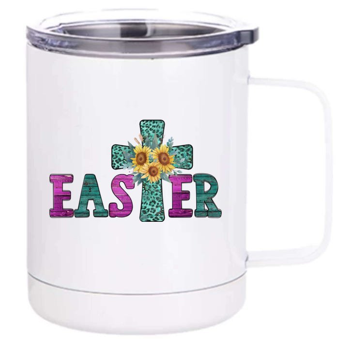 Sunflower Easter Cross For Christian Mom Turquoise Leopard Gift Front & Back 12oz Stainless Steel Tumbler Cup