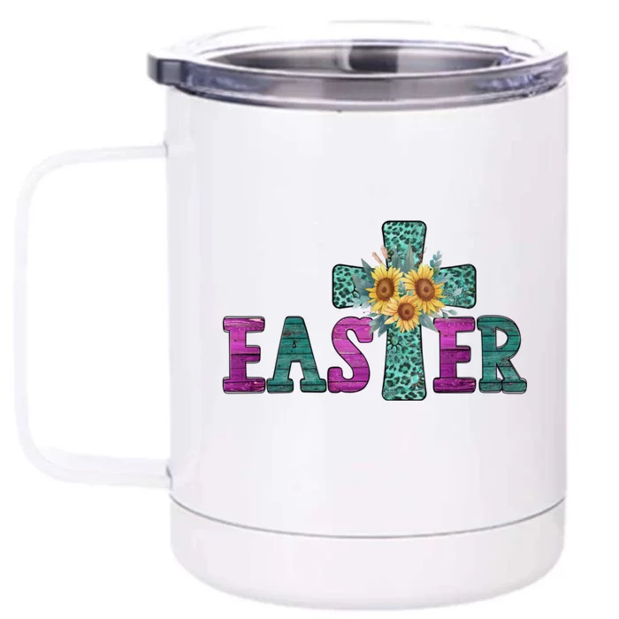 Sunflower Easter Cross For Christian Mom Turquoise Leopard Gift Front & Back 12oz Stainless Steel Tumbler Cup