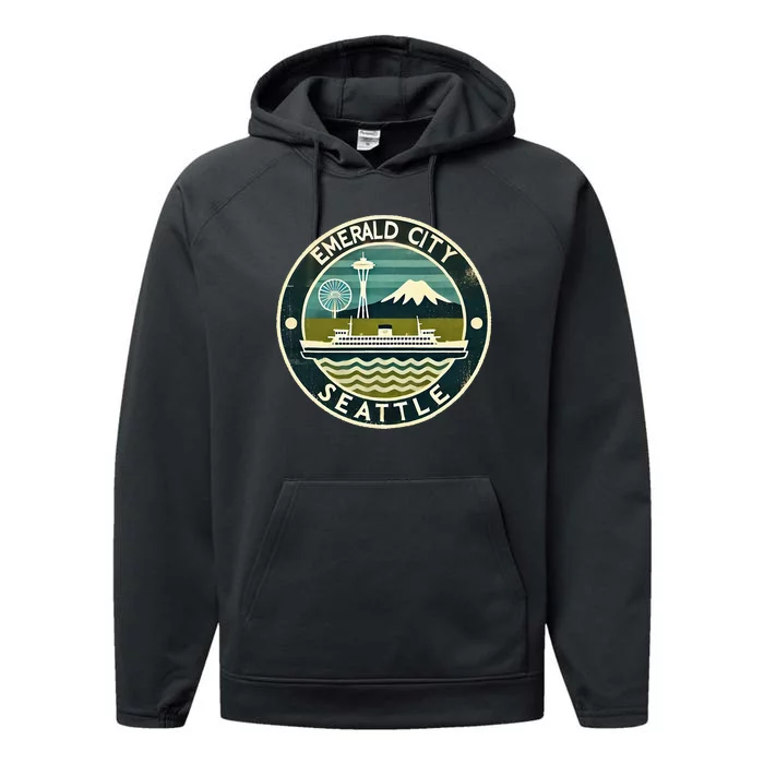 Seattle Emerald City Washington Usa Vintage Performance Fleece Hoodie