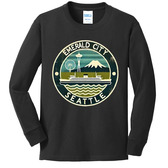 Seattle Emerald City Washington Usa Vintage Kids Long Sleeve Shirt