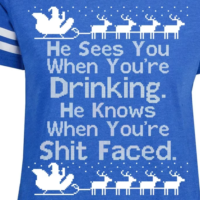 Sees You When You're Drinking Knows When You're Shit Faced Ugly Christmas Enza Ladies Jersey Football T-Shirt