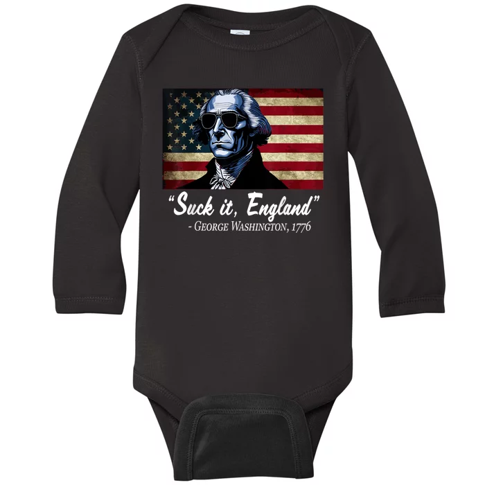 SUCKIT ENGLAND Funny 4th Of July George Washington 1776 Baby Long Sleeve Bodysuit