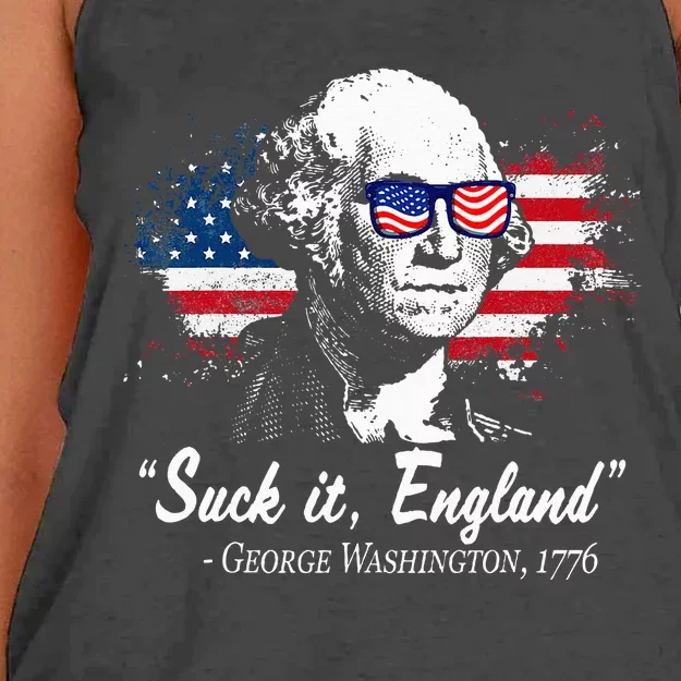 SUCKIT ENGLAND Funny 4th of July George Washington 1776 Women's Knotted Racerback Tank