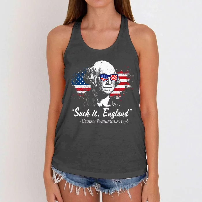 SUCKIT ENGLAND Funny 4th of July George Washington 1776 Women's Knotted Racerback Tank