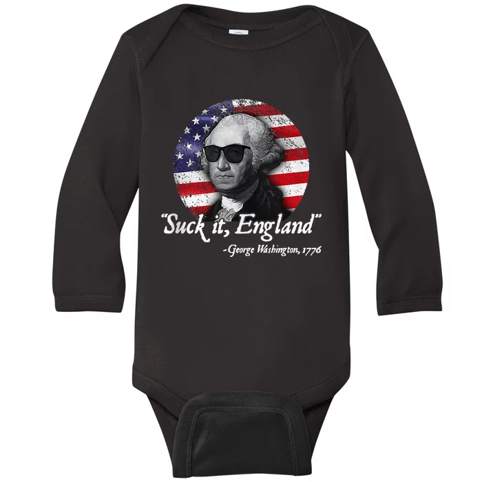 SuckIt England Funny 4th Of July George Washington 1776 Baby Long Sleeve Bodysuit