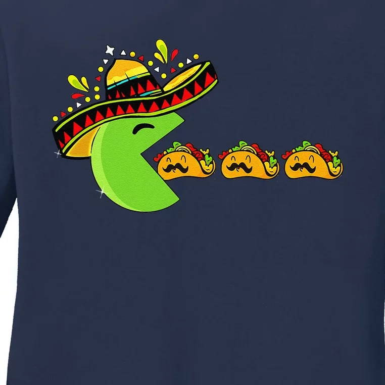 Sombrero Eating Funny Tacos With Mustaches Cinco De Mayo Ladies Long Sleeve Shirt