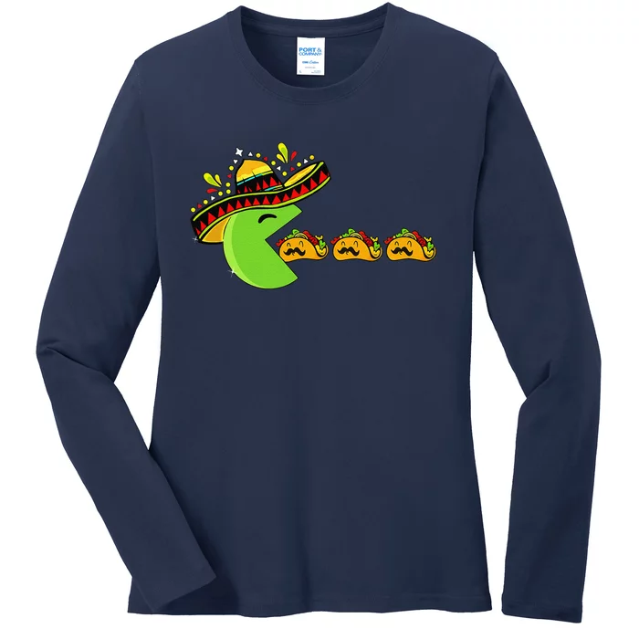 Sombrero Eating Funny Tacos With Mustaches Cinco De Mayo Ladies Long Sleeve Shirt