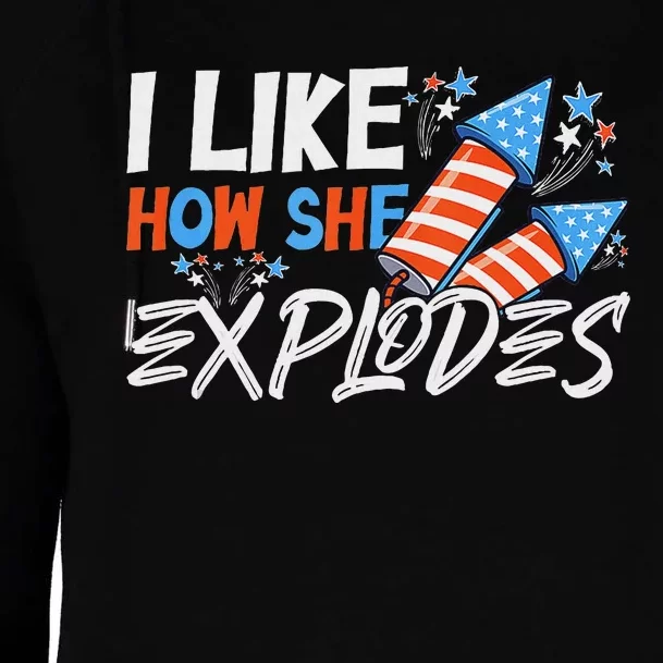 She Explodes He Bangs Funny 4th Of July Womens Funnel Neck Pullover Hood