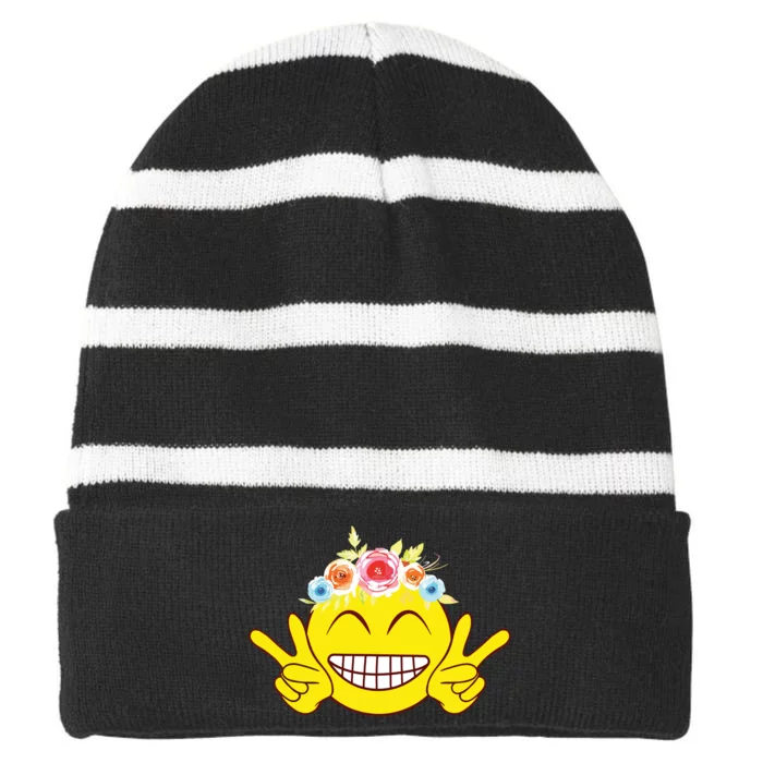 Smile Emoticon Happy Face Peace Love Cute Striped Beanie with Solid Band