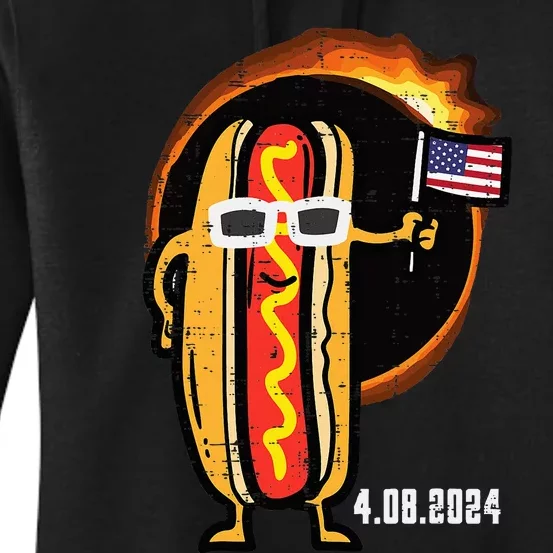 Solar Eclipse Hotdog Us Flag 4.08.24 Women's Pullover Hoodie