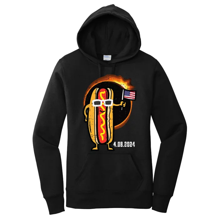 Solar Eclipse Hotdog Us Flag 4.08.24 Women's Pullover Hoodie