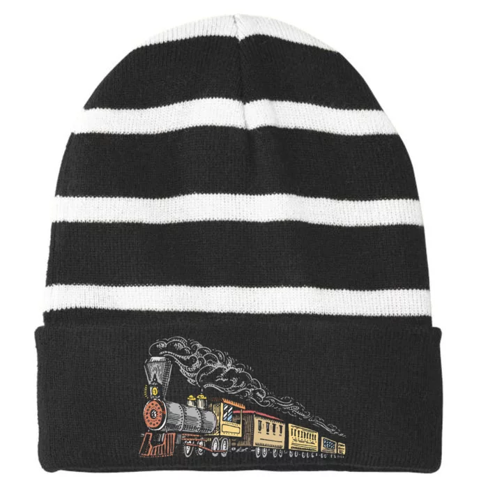 Steam Engine Model Train Lover Railwayman Driver Railroad Striped Beanie with Solid Band