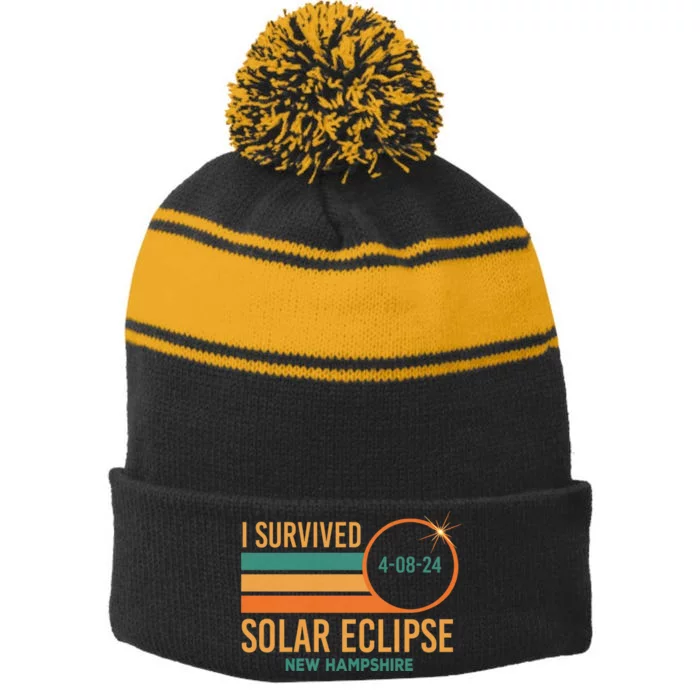 Solar Eclipse New Hampshire April 8 2024 Survived Stripe Pom Pom Beanie