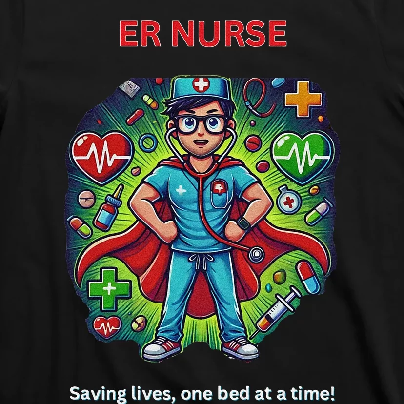 Superhero Er Nurse Design “Saving Lifes One Bed At A Time” T-Shirt