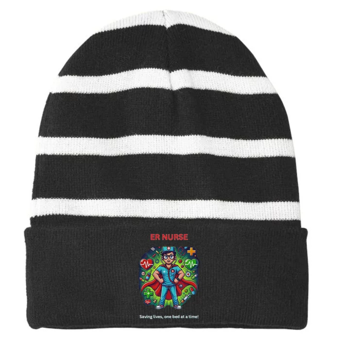 Superhero Er Nurse Design “Saving Lifes One Bed At A Time” Striped Beanie with Solid Band