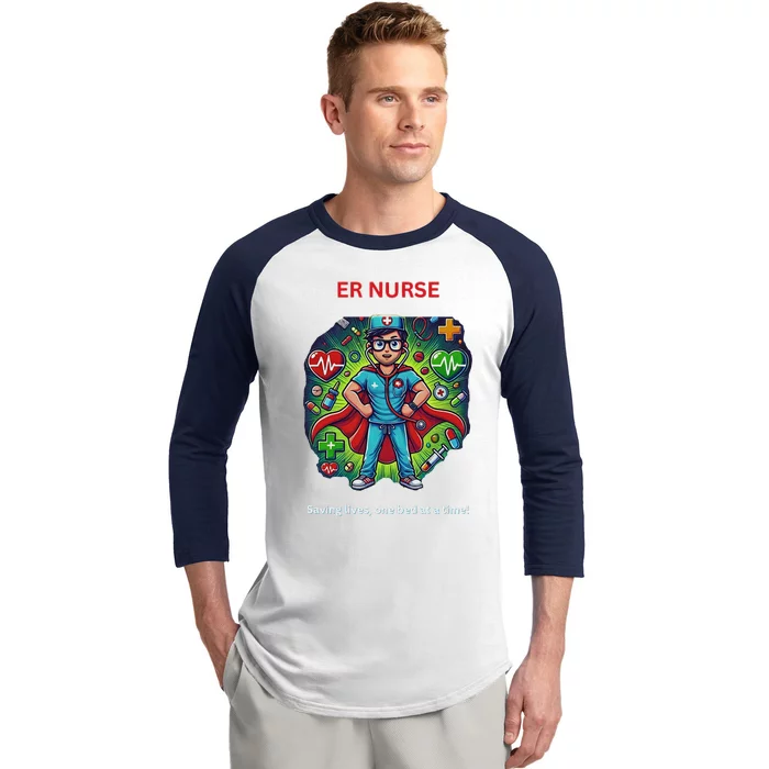 Superhero Er Nurse Design “Saving Lifes One Bed At A Time” Baseball Sleeve Shirt