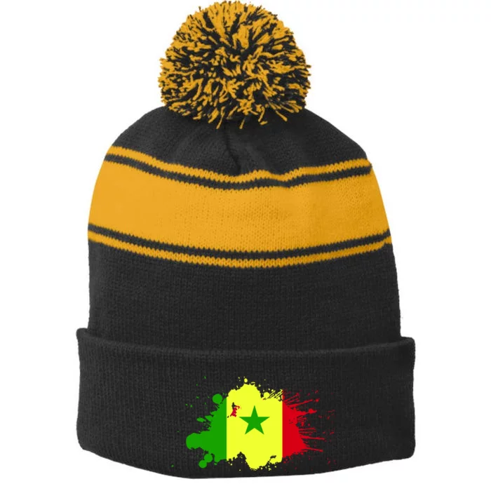 Senegal Flag Grunge Stripe Pom Pom Beanie