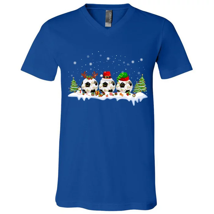 Santa Elf Reindeer Soccer Balls Xmas Tree Lights Christmas Gift V-Neck T-Shirt