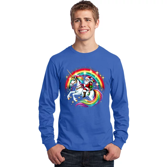 Santa Elf Riding Unicorn Rainbow Christmas Gift Long Sleeve Shirt