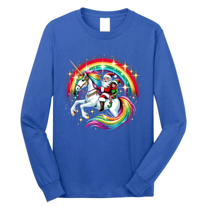 Santa Elf Riding Unicorn Rainbow Christmas Gift Long Sleeve Shirt