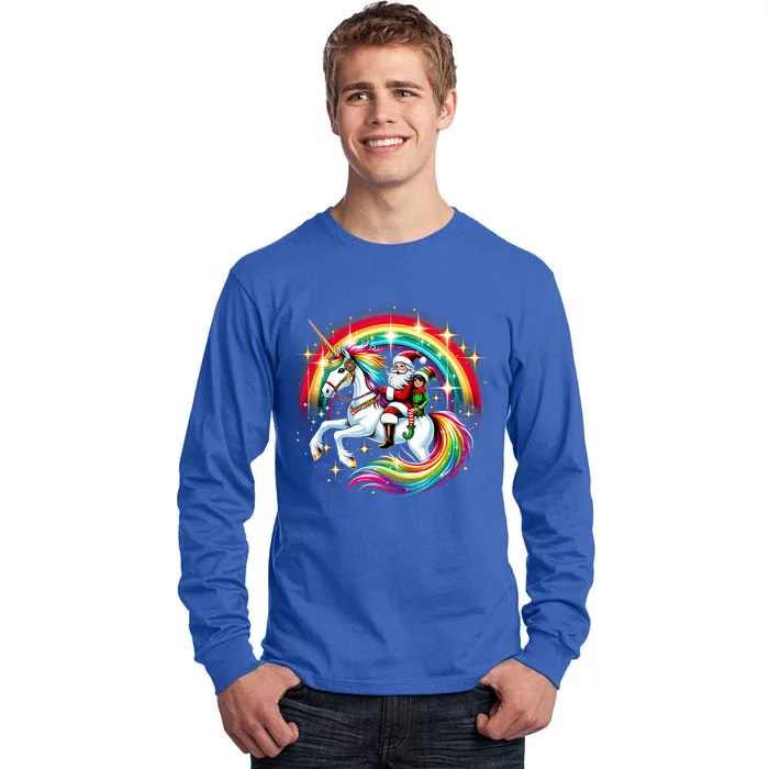 Santa Elf Riding Unicorn Rainbow Christmas Gift Tall Long Sleeve T-Shirt