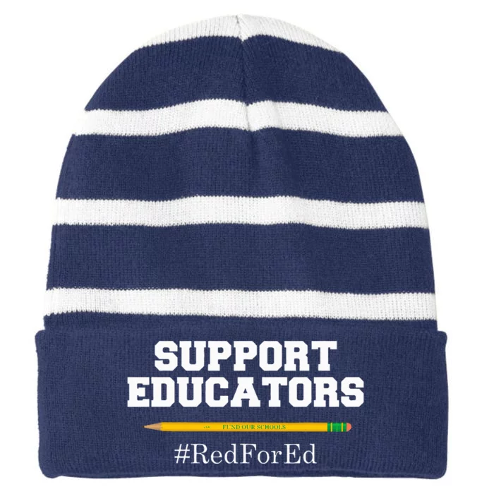 Support Educators Red for Ed for Teachers Striped Beanie with Solid Band