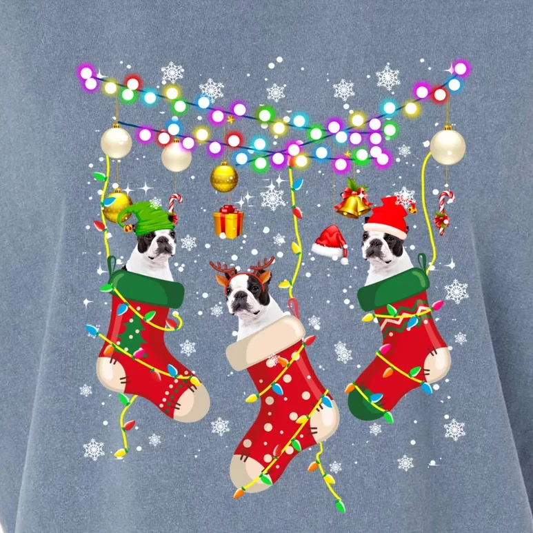 Santa Elf Reindeer Boston Terrier In Christmas Socks Dog Sweatshirt Garment-Dyed Women's Muscle Tee