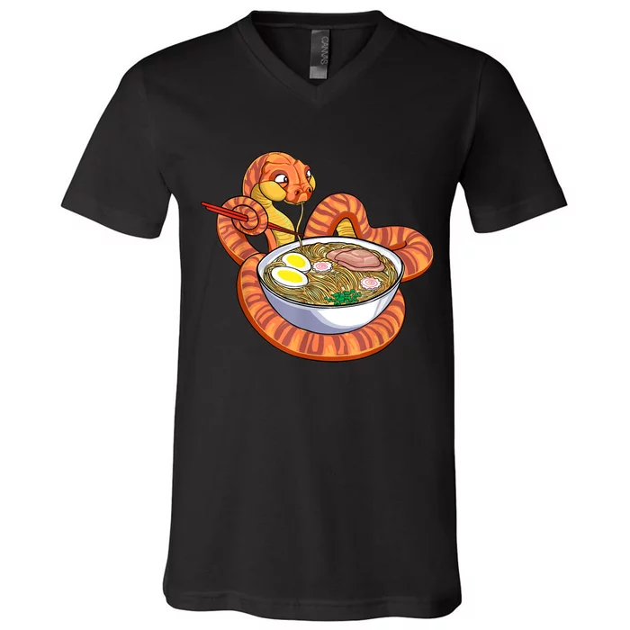 Snake Eating Ramen Kawaii Snake Japanese Noodle V-Neck T-Shirt