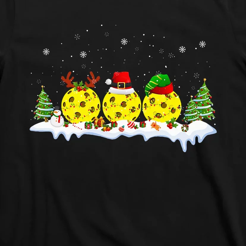 Santa Elf Reindeer Pickleball Balls Xmas Lights Christmas T-Shirt