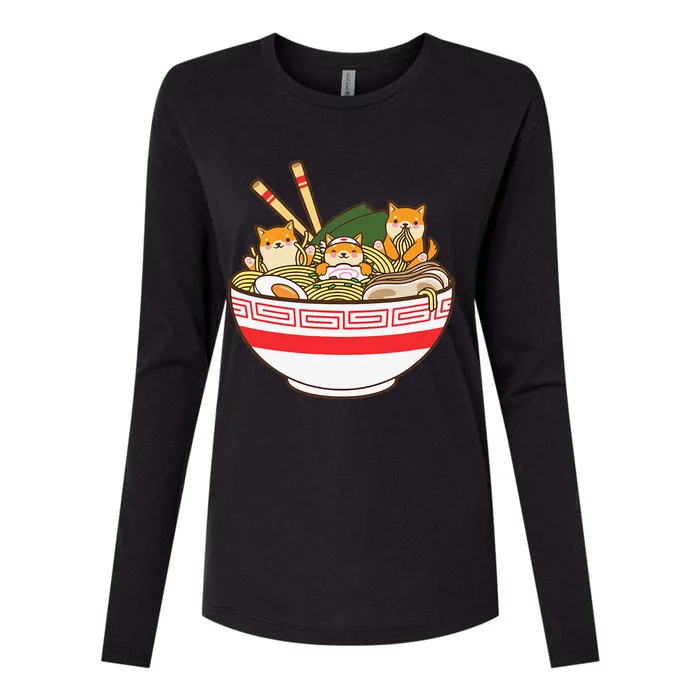 Shibas Eating Ra Noodles Kawaii Japanese Food Anime Womens Cotton Relaxed Long Sleeve T-Shirt