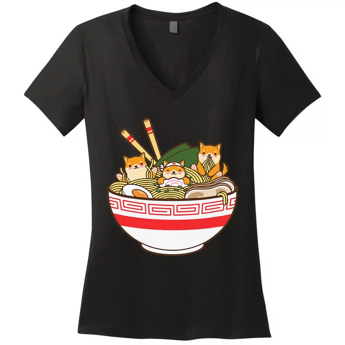 Shibas Eating Ra Noodles Kawaii Japanese Food Anime Women's V-Neck T-Shirt