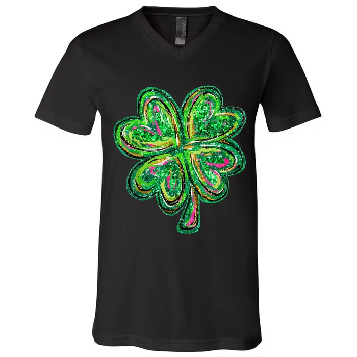 Shamrock Effect St Patricks Day Four Leaf Clover V-Neck T-Shirt