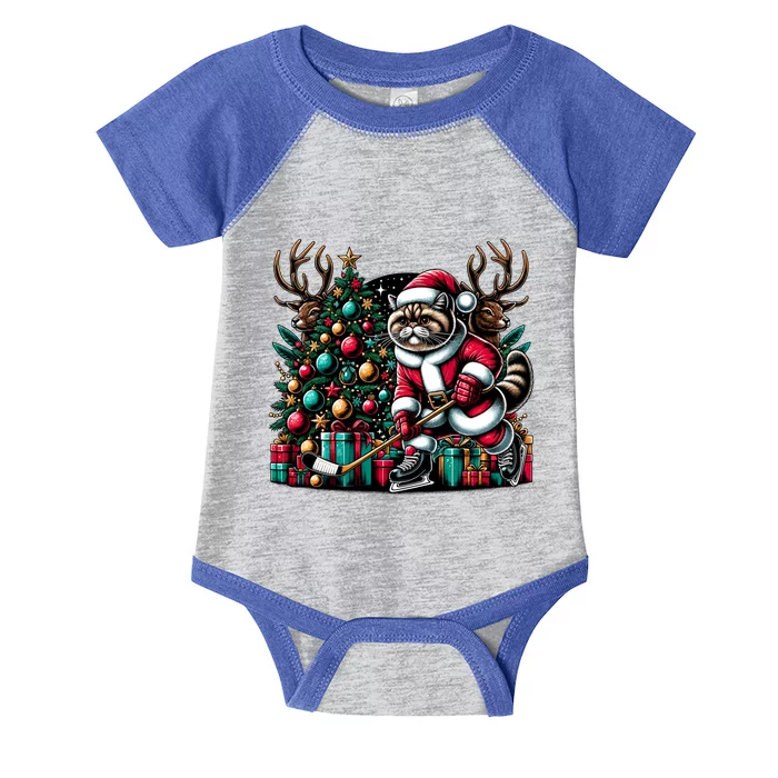 Santa Exotic Shorthair Cat Playing Hockey Christmas Gift Infant Baby Jersey Bodysuit