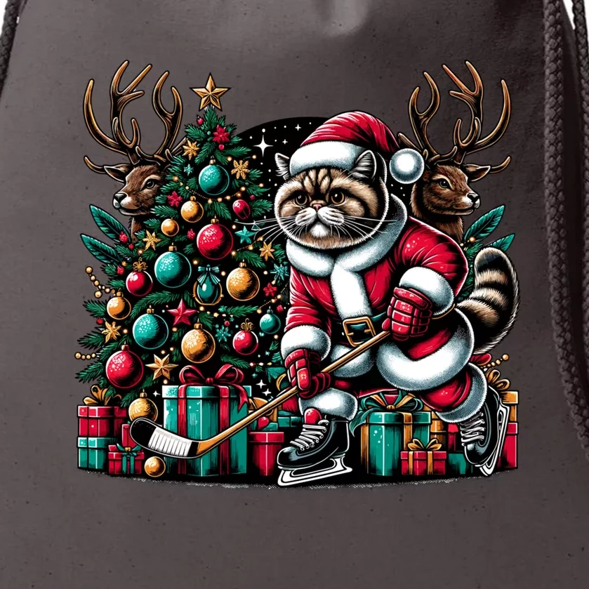 Santa Exotic Shorthair Cat Playing Hockey Christmas Gift Drawstring Bag