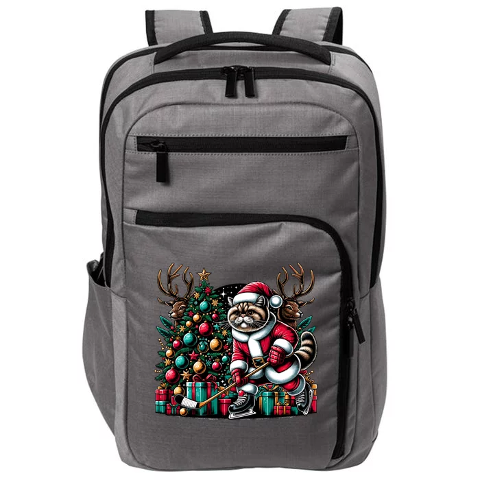 Santa Exotic Shorthair Cat Playing Hockey Christmas Gift Impact Tech Backpack