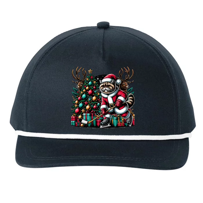 Santa Exotic Shorthair Cat Playing Hockey Christmas Gift Snapback Five-Panel Rope Hat