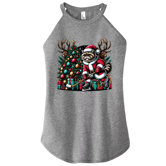 Santa Exotic Shorthair Cat Playing Hockey Christmas Gift Women’s Perfect Tri Rocker Tank