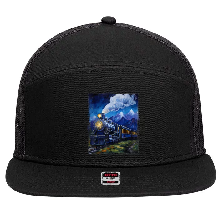 Steam Engine Steam Train Vintage Van Gogh Locomotive 7 Panel Mesh Trucker Snapback Hat