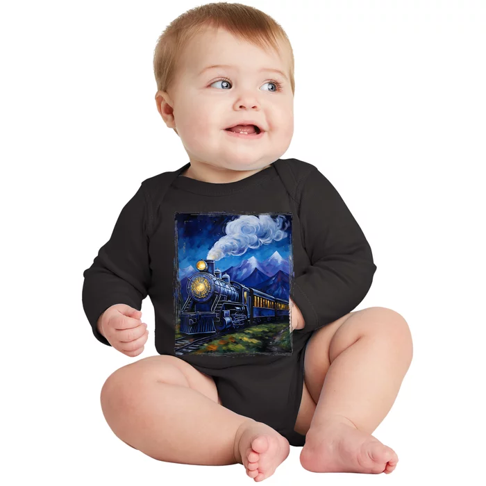 Steam Engine Steam Train Vintage Van Gogh Locomotive Baby Long Sleeve Bodysuit