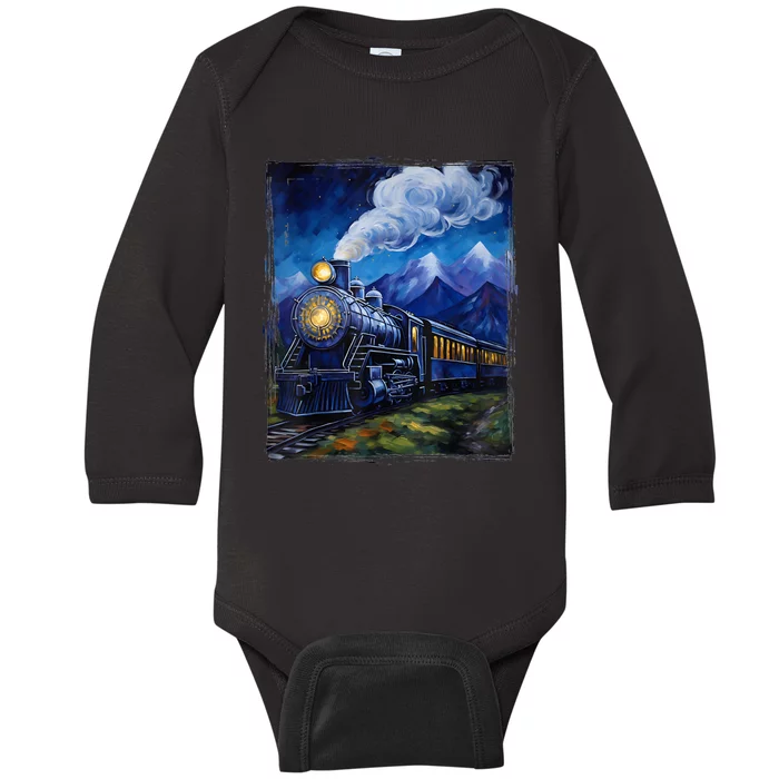 Steam Engine Steam Train Vintage Van Gogh Locomotive Baby Long Sleeve Bodysuit