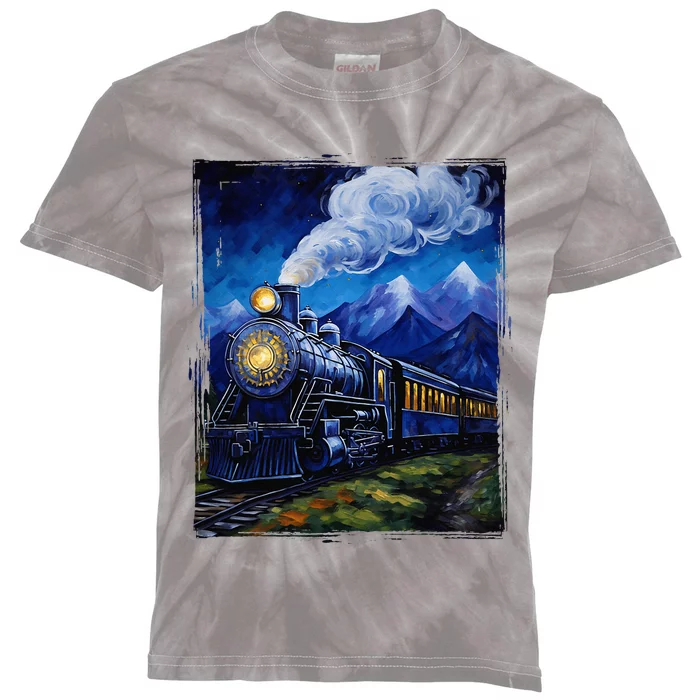 Steam Engine Steam Train Vintage Van Gogh Locomotive Kids Tie-Dye T-Shirt