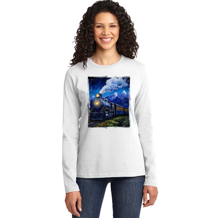 Steam Engine Steam Train Vintage Van Gogh Locomotive Ladies Long Sleeve Shirt