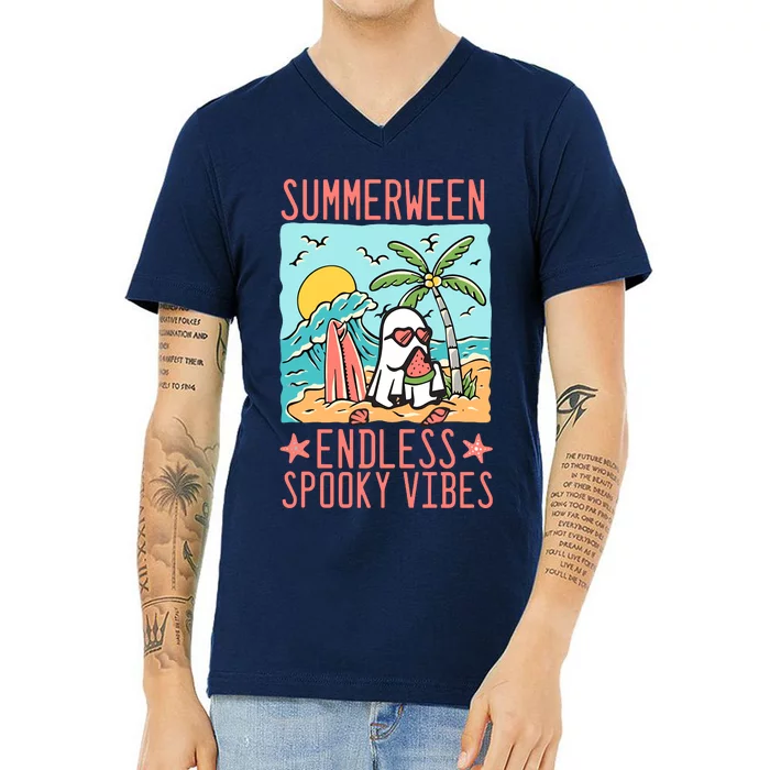 Summerween Endless Spooky Vibes Cute Ghost Summer Halloween V-Neck T-Shirt