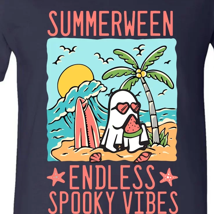 Summerween Endless Spooky Vibes Cute Ghost Summer Halloween V-Neck T-Shirt