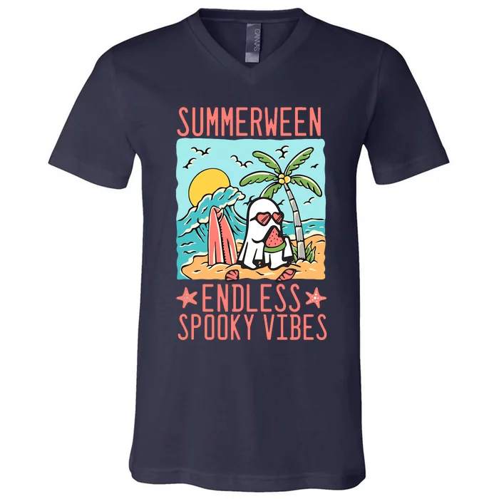 Summerween Endless Spooky Vibes Cute Ghost Summer Halloween V-Neck T-Shirt