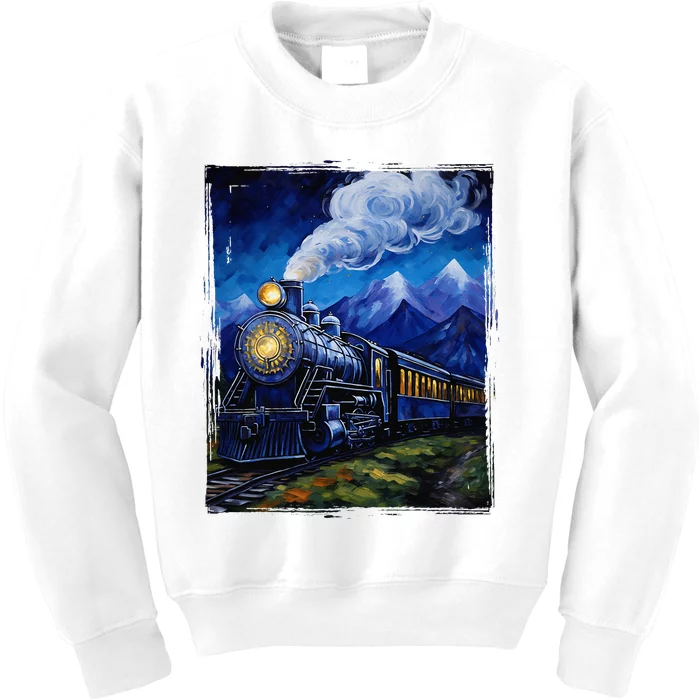 Steam Engine Steam Train Vintage Van Gogh Locomotive Kids Sweatshirt