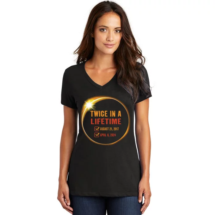 Solar Eclipse Shirts Twice In Lifetime 2024 Solar Eclipse Women's V-Neck T-Shirt