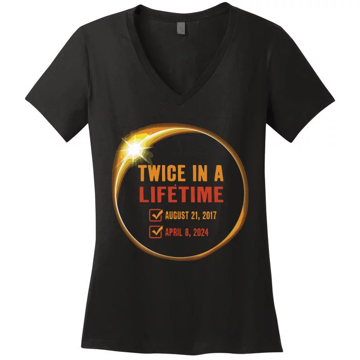 Solar Eclipse Shirts Twice In Lifetime 2024 Solar Eclipse Women's V-Neck T-Shirt