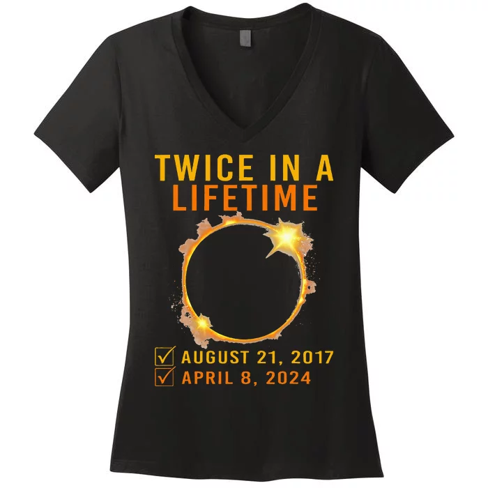 Solar Eclipse Twice In Lifetime 2024 Solar Eclipse Women's V-Neck T-Shirt